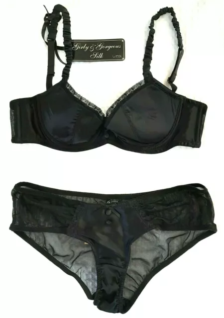 LA SENZA G&G BLACK Luxury Silk & Mesh BALCONY BRA 32B/8 SHORTY BRIEF Set  $26.35 - PicClick