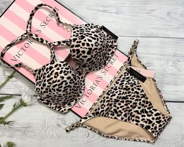 VICTORIA'S SECRET SWIM Metal CHAIN Push Up Top Bra Bikini Set Leopard