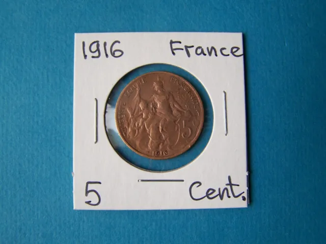 France Coins 1916 Year 5 Centimes Nice Copper Coin.