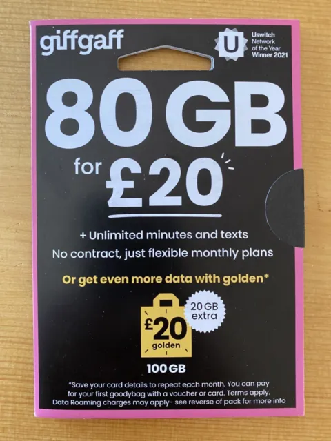 80GB Giff Gaff Sim Card with Credit Pay As You Go £20 FREE 4G 5G Micro Nano PAYG