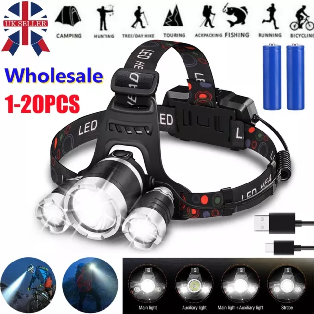 1-20X Super Bright Waterproof Head Torch Headlight LED USB Rechargeable Headlamp