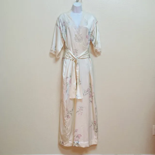 Vtg Christian Dior ivory/pink floral satin lace lounge bath robe XS/S