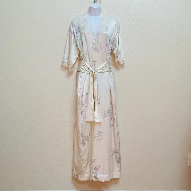 Vtg Christian Dior ivory/pink floral satin lace lounge bath robe XS/S