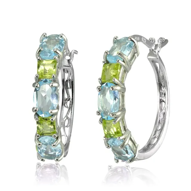 Oval Blue Topaz & Princess-Cut Peridot Filigree Hoop Earrings in Sterling Silver