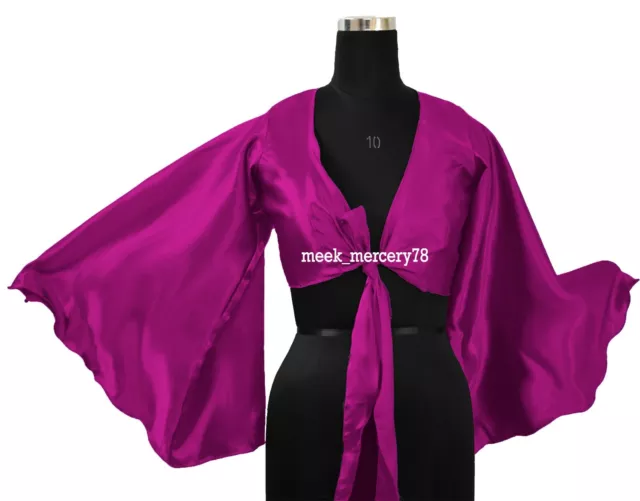 Manche Évasé Ruche Haut Ventre Danse Magenta Cravate Court Satin Femme S37