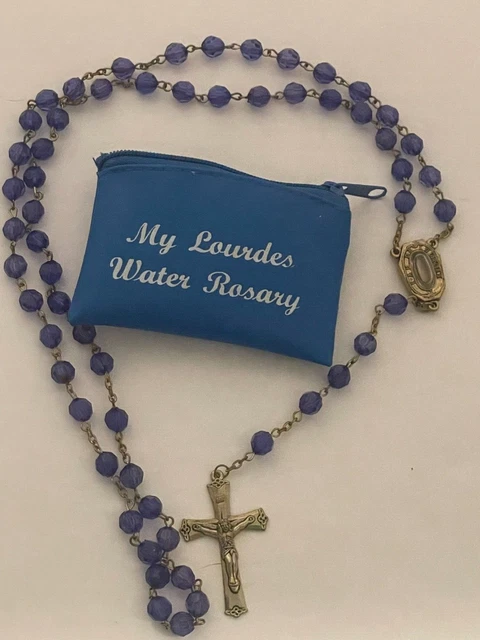 xl 10MM BLUE plastic Bead Rosary CROSS catholic necklace Lourdes Water medal