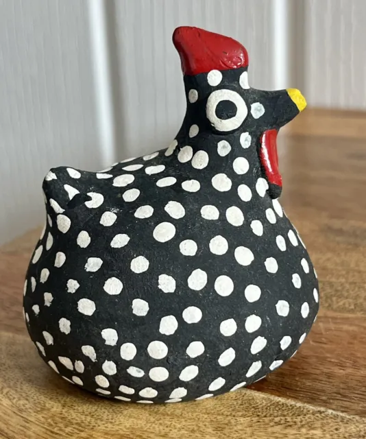 Vintage Hand Made Rustic Clay Pottery Chicken Hen Figure Black/White Natal RN 3”