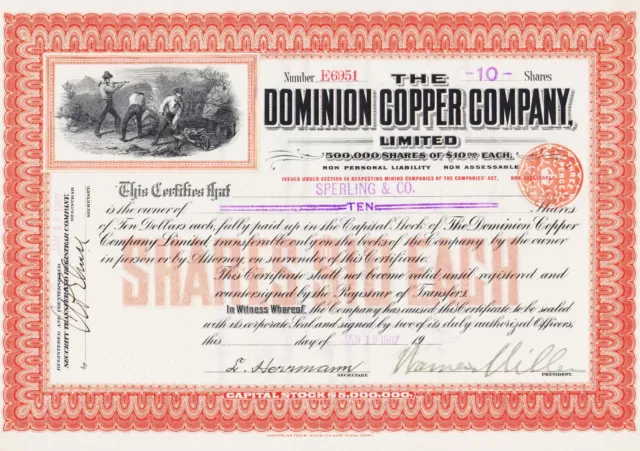The Dominion Kupfer Company - 10 Shares $10 - 1907 - Kanada