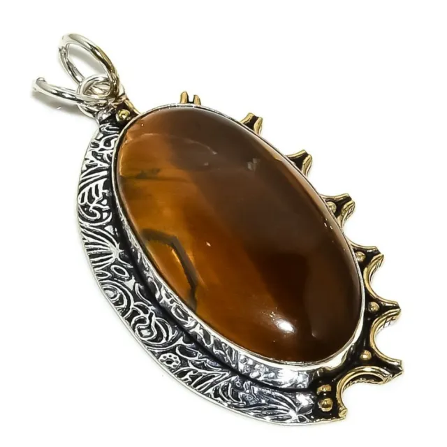 Tiger Eye Gemstone Two Tone 925 Sterling Silver Jewelry Pendant 2.17" Easter j65