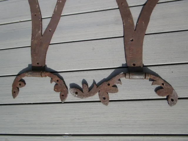 Hand Forged Antique Iron Door Hinges Floral Leaf 33"  long x 16" wide/high 3