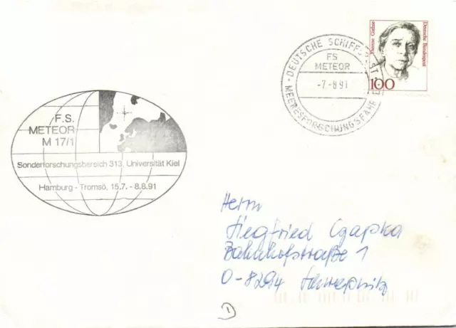 Germany Oceanography cover c. FS Meteor M17/1 Uni Kiel cancel FS Meteor 7.8.91