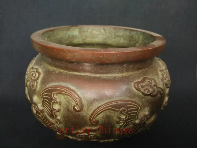 H4''Superb Collected China Old Copper Carving Five Bat Incense Burner Decoration