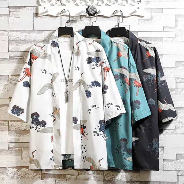 Mens Japanese Kimono Crane Print Yukata Haori Shirt Robe Cardigan Top Blouse