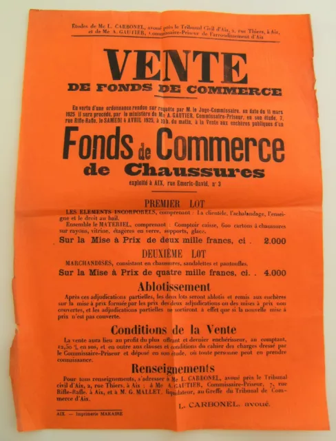 Affiche vente enchère fonds de commerce de chaussures 1925 vintage rétro