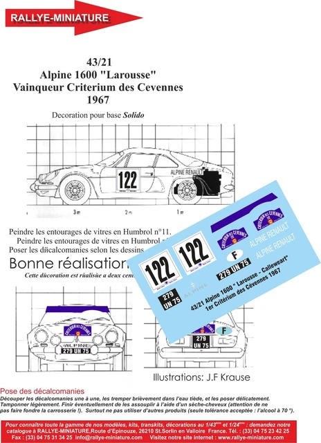 Décalcomanies 1/12 - Alpine Renault A110 - Nicolas Ronde Cévenole 1975 - Rallye