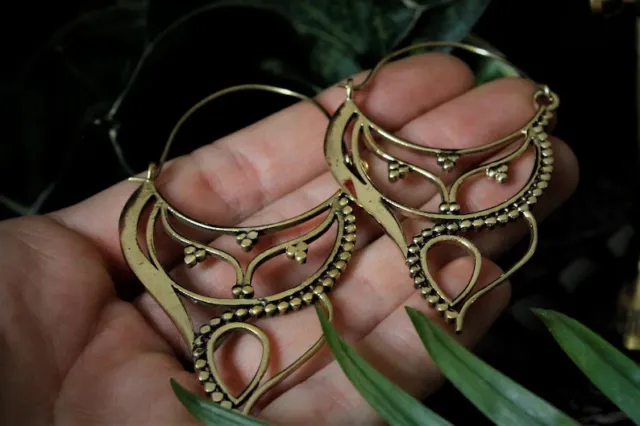 Large Gold Plated Mandala Moroccan Ethnic Tribal Brass Hoops Unique Earrings Gh3
