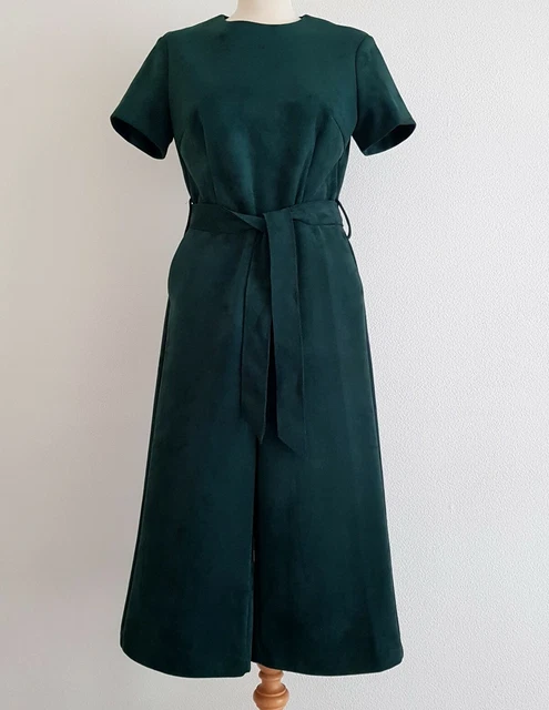 MANGO DARK GREEN Faux Suede Wide Leg Jumpsuit with Belt Tie M