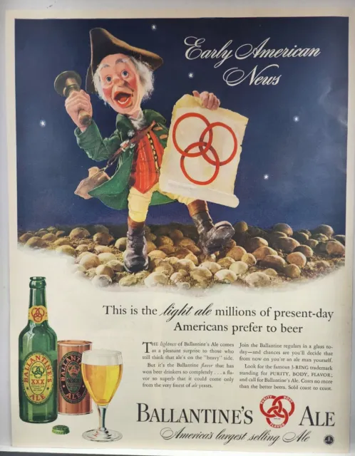 1941 Ballantine's Ale XXX Beer Pilgrim Vintage Print Ad Man Cave Poster Art 40's