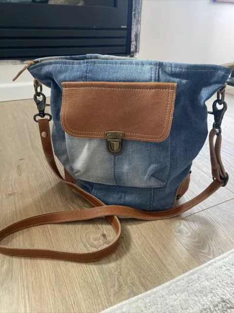 Upcycled Soft Denim Myra Tote Bag Shoulder Crossbody Leather BoHo Western Pocket