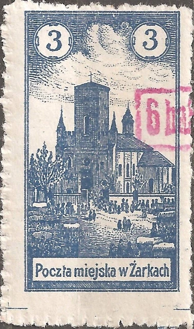 UN-USED 1918 POCZTA 3 hal MIEJSKA ZARKACH Stamp POLAND Blue 6 hal OVPT Surcharge