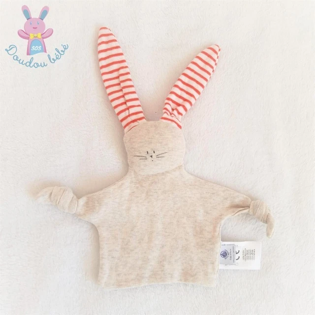 Doudou plat Lapin tissu gris et rayé rouge blanc PETIT BATEAU (état neuf)