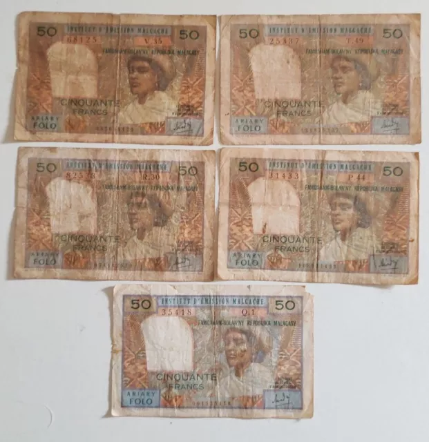 Billets Banque Madagascar 5 Pièces 50 francs / 10 Ariary Type 1962