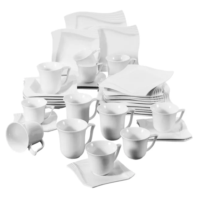 MALACASA Amparo Square White Porcelain Dinnerware Set Cups Saucers Service Plate