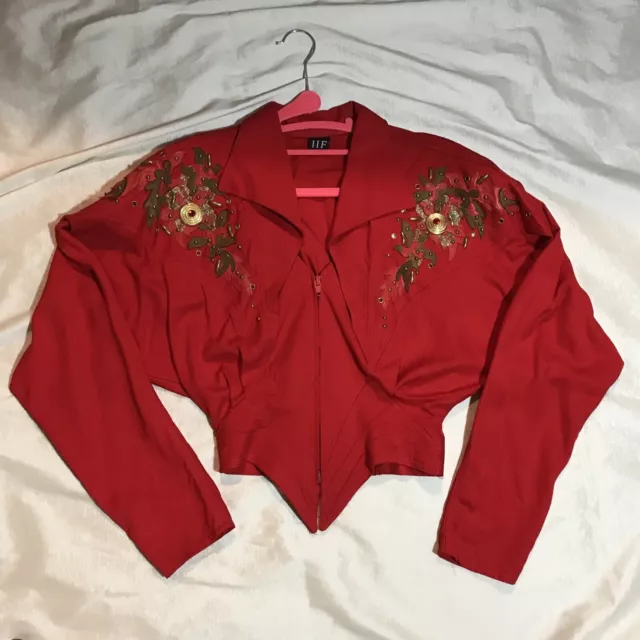 VTG 80s IIF rocker bedazzled Jacket XS Red couture, alike Thierry Mugler