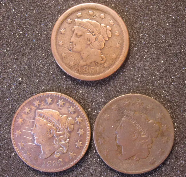 Coronet / Braided Hair Large Cent lot of 3 coins: 1831? 1832 1851 Nice Color