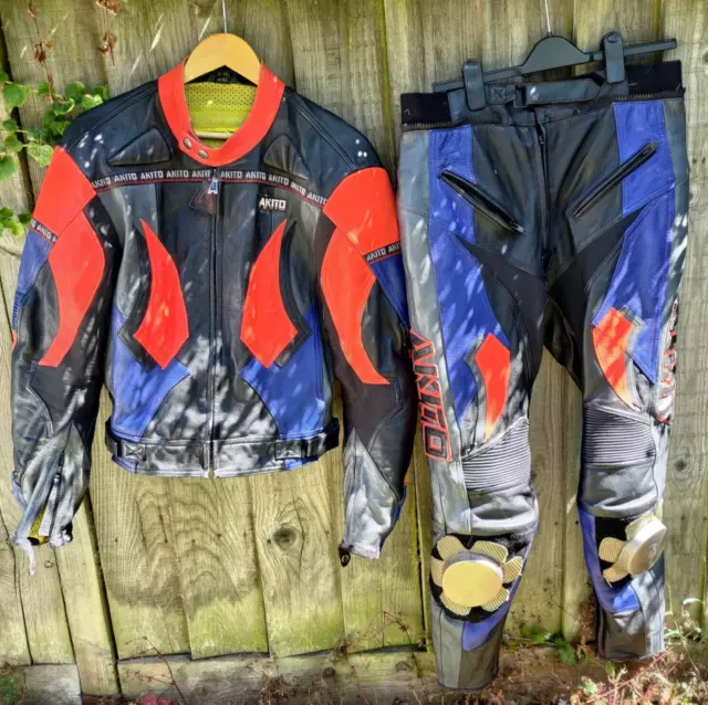 AKITO RED BLUE black m bike leather jacket trousers MORAX