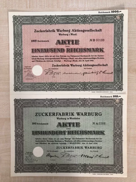 2 x Zuckerfabrik Warburg AG - Warburg - 1942 + 1934 - Aktie 1.000 RM + 100 RM -