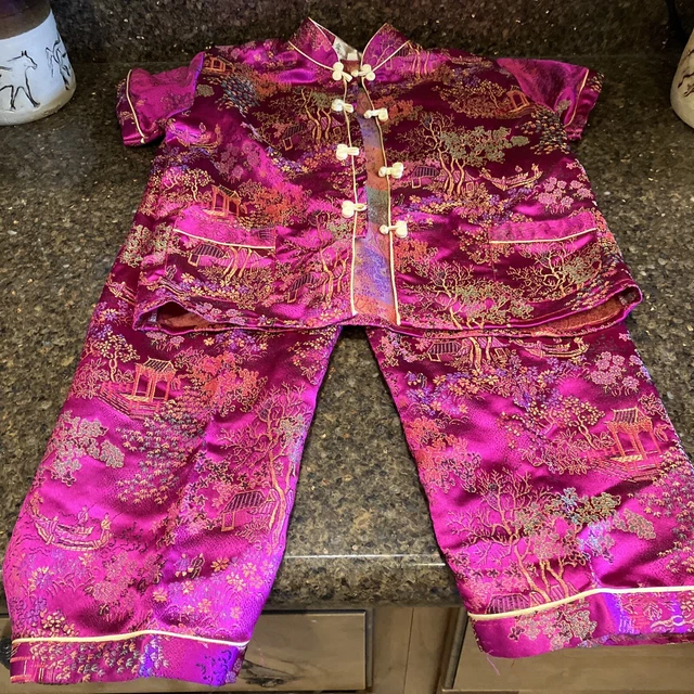 Chinese/Japanese Oriental Child Golden Dragon Top & pants Magenta Sz 6 kimona
