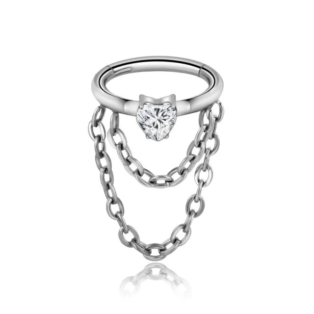 BIO PIERCING Titanium Segment Ring with Double Chains and Crystal Heart 16G