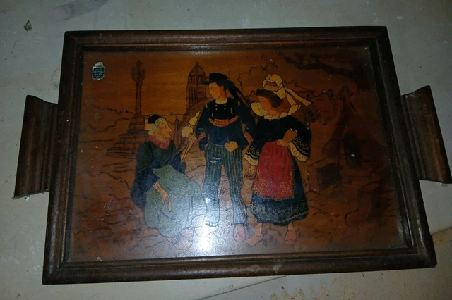 PLATEAU EN BOIS PYROGRAVÉ BRETON  SCÈNE VILLAGEOISE 50x33 Cm EUR 49,00