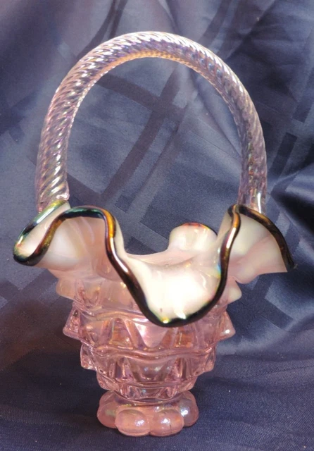 Fenton Pink & Black Opalescent Ribbon Glass Basket Applied Handle 6" Look