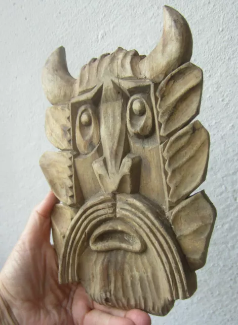 9+" Wood Devil evil Satan hand carved mask head vintage carving,  wooden plaque