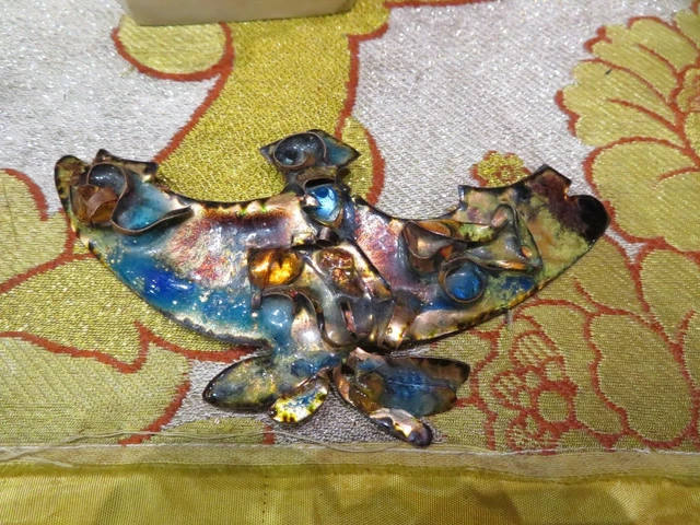 Broche Ancienne En émaux Sur Cuivre Signée Y.J.Menton - État Bon, Motif Abstrait Multicolore