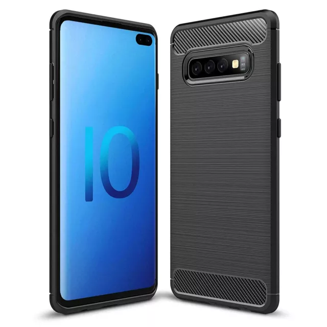 Cover Antiurto In Carbonio Per Samsung Galaxy S10 Plus Custodia Tpu Rugged Nera