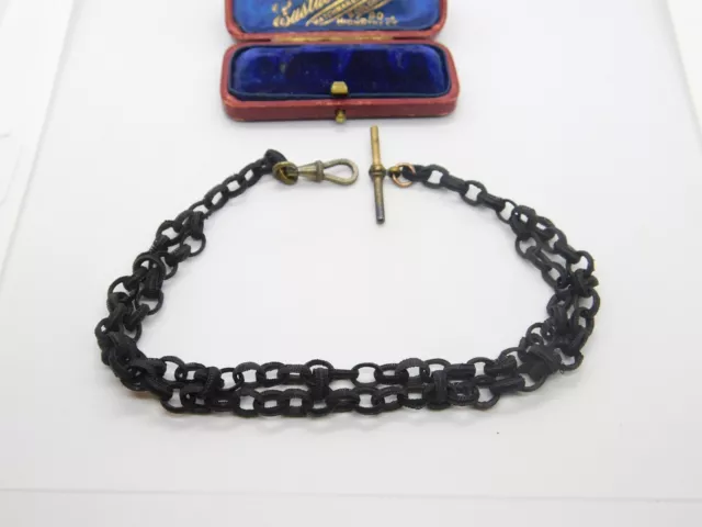 Victorian Ladies Black Fabric Watch Chain with T-Bar & Dog Clip c1800 Antique