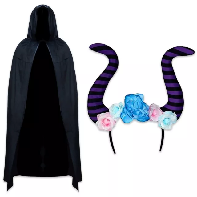 Floral Maleficent Witch Halloween Goth Girls Fancy Dress - Horns Headband & Cape