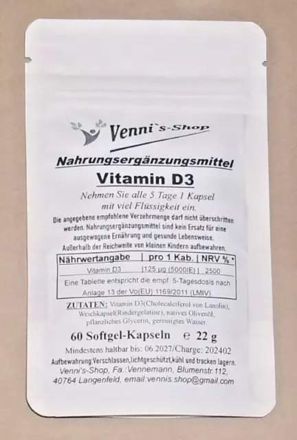 Vitamin D3 (5000IU) 60 Softgel-Kapseln - Stärkung des Immunsystem.