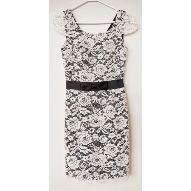 BNWT Black & White Floral Lace Bow Mini Dress by Review, size 6 XXS NEW RRP $279