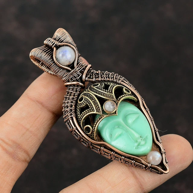 Green Carved Stone Gemstone Jewelry Copper Wire Wrapped Pendant For Girls 2.99"