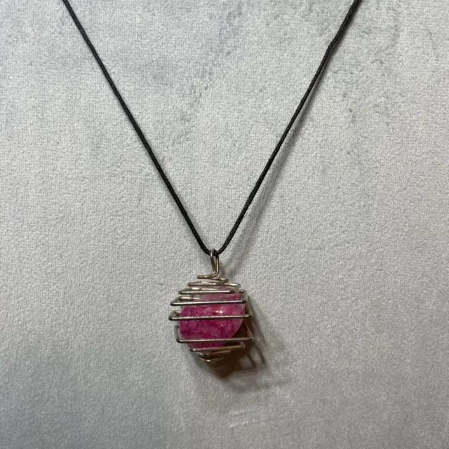 Gold Tone Spiral Cage Necklace Pink Gemstone Holder Adjustable Rope Chain