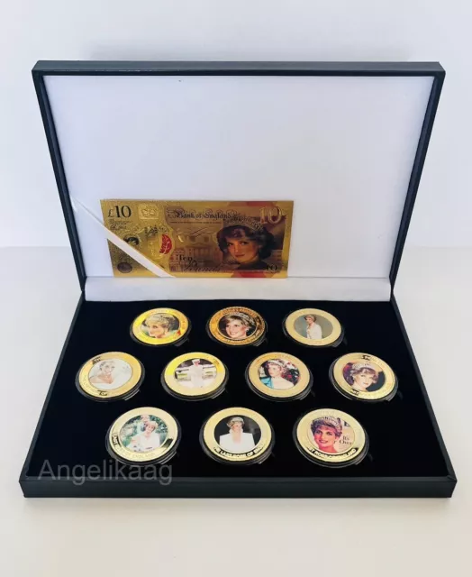 Princess Diana x10 Gold Plated Coin Set+ Diana £10 Pound Bank Foiled Note