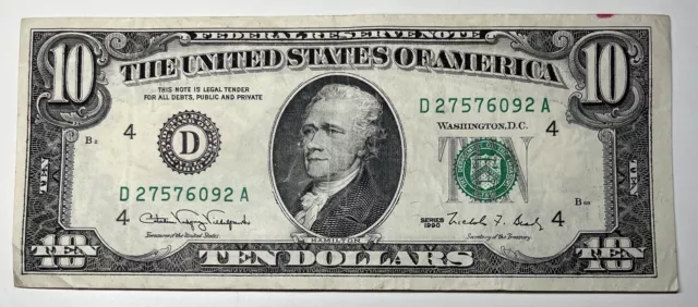 1990 $ 10 Ten Dollar Bill Federal Reserve Note Cleveland OH Vintage Old Currency