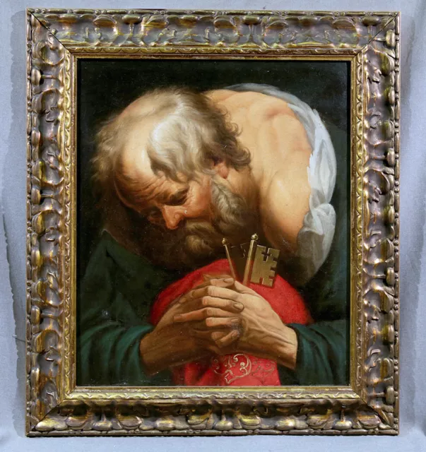 Old Master Painting Portrait of Saint Peter Cryng Praying with Keys to Heaven