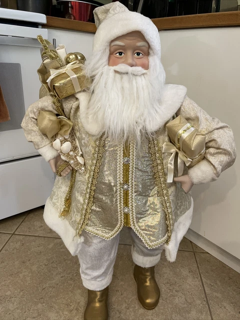 36" Santa Claus WHITE & GOLD Victorian Tall Large Standing Elaborate Suit RETRO