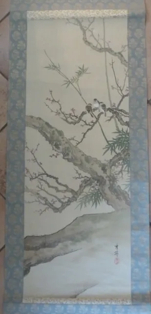 Vintage Signed Chinese Scroll 24 X 80” Three Birds in Flowering Tree