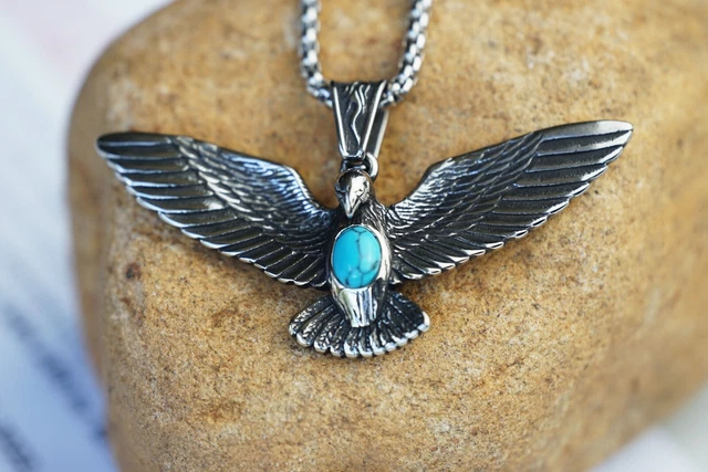 Stainless Steel Biker Aztec Turquoise Bald American Eagle Hawk Pendant Necklace